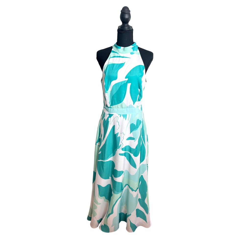 Tahari Arthur S. Levine Halter Dress Womens 6 Teal White Leaf‎ Print Midi Summer